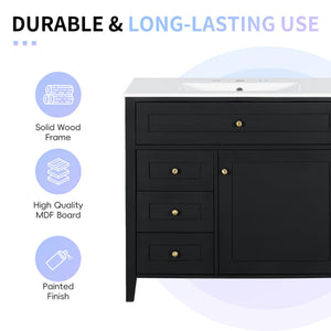English Elm 36-Inch Black Bathroom Vanity With Sink – Modern Design, 3 Drawers, Adjustable Shelf For Storage N725P350821B