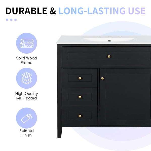 English Elm 36-Inch Black Bathroom Vanity With Sink – Modern Design, 3 Drawers, Adjustable Shelf For Storage N725P350821B