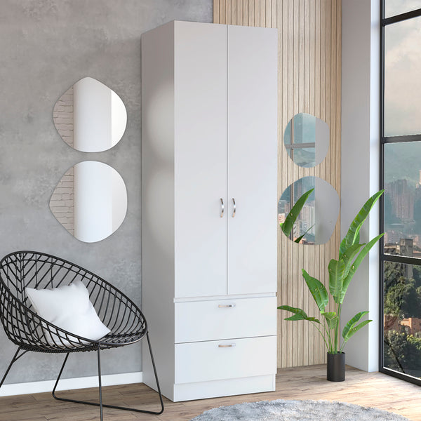 English Elm Vico 76" High Armoire Wardrobe Closet with Hanging Rod, 2 Drawers & Shelves White, Space-Saving Organizer B200P188838