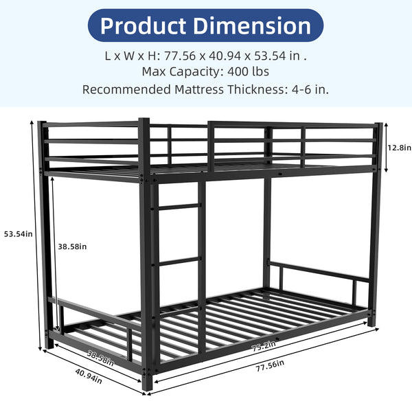 English Elm Metal Twin Over Twin Bunk Bed Heavy-Duty Sturdy Steel Frame with Noise-Reducing Slats & Guardrail Black W1935P235012