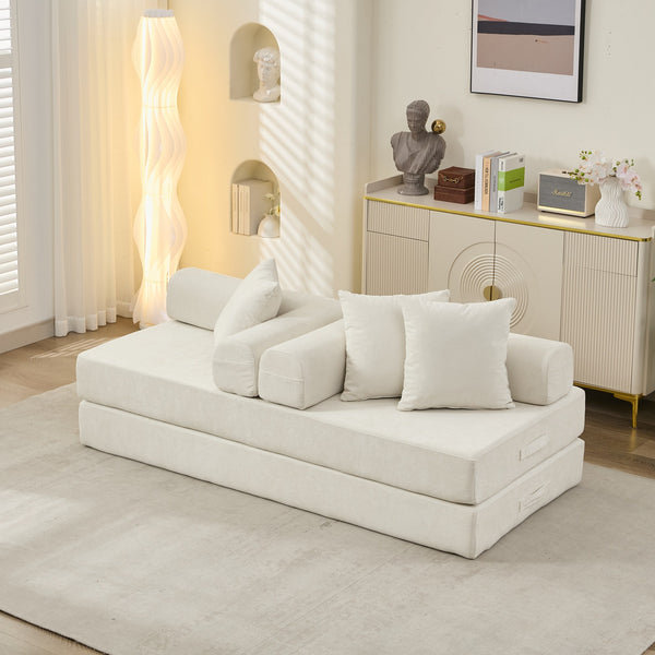 English Elm Comfy Convertible Folding Mattress Couch Sofa Bed with Chenille, Space-Saving Modular Lounge for Studio Beige W1143P330248