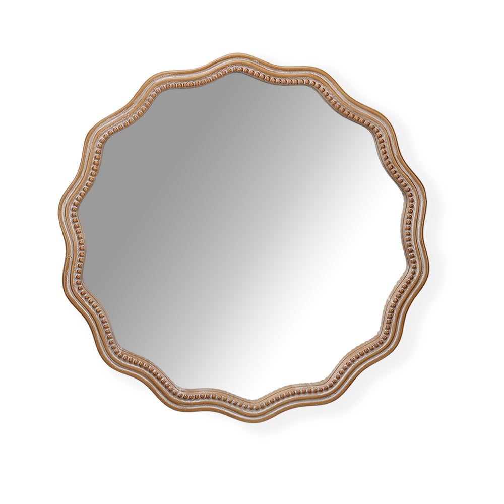 English Elm 23.62 Antique Natural Wood Round Wavy Wall Mirror with Scalloped Frame Modern Farmhouse Decor W2295P290646