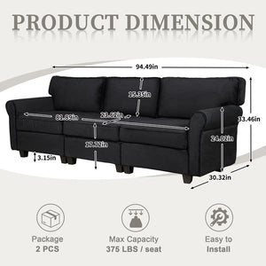English Elm 94" Corduroy Three Seater Sofa Deep Cushioned Solid Wood Frame Modern Living Room Couch Black W2715S00008
