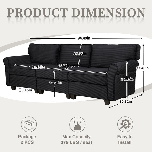 English Elm 94" Corduroy Three Seater Sofa Deep Cushioned Solid Wood Frame Modern Living Room Couch Black W2715S00008
