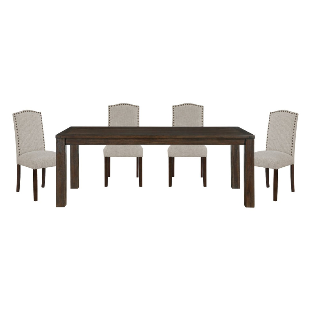 English Elm 5pc Acacia Wood Dining Set with Nailhead Parsons Chairs for Modern Kitchen Spaces Dark Brown,Taupe B011S02242
