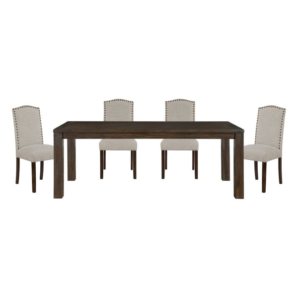 English Elm 5pc Acacia Wood Dining Set with Nailhead Parsons Chairs for Modern Kitchen Spaces Dark Brown,Taupe B011S02242