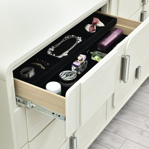 English Elm Nora Solid Wood Chest with Geometric Legs and Rounded Edges — Contemporary Spacious Drawers, Stylish Pulls Beige 65.55 L x 19.96 W x 36.42 H B201P409555