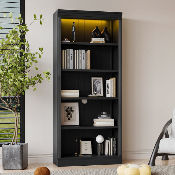 English Elm 83.4" Tall Wood Bookcase with LED Light Strip, 5-Tier Adjustable Shelves, Cable Hole, Modern Black Storage Organizer N751S246934B