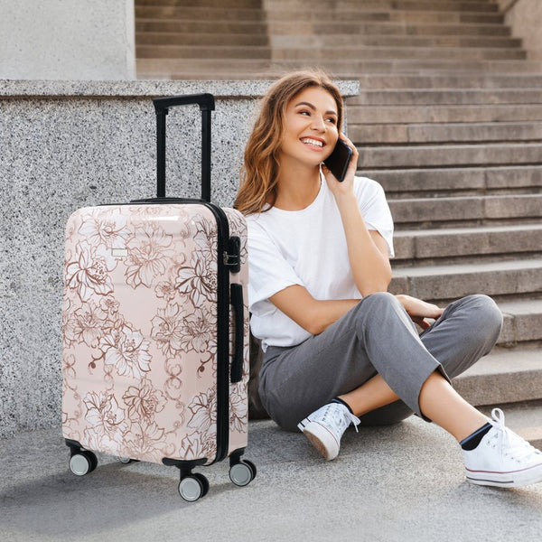 English Elm 6 Piece Hardshell Abs Travel Set with Spinner Wheels Combination Lock and Toiletry Bag Pink Flower N732P391160U