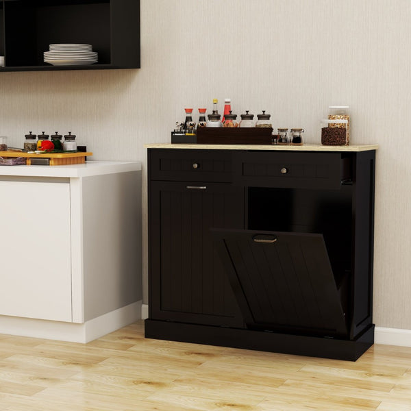 English Elm Two Compartment Tilt Out Trash Cabinet with Drawers Matte Black Kitchen Storage W1120127329