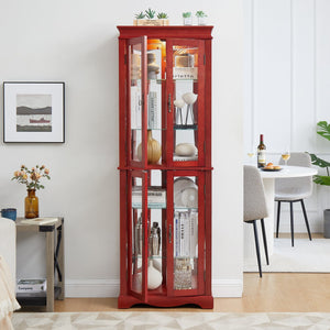 English Elm Lighted Glass Curio Display Cabinet – Elegant Cherry Wood Frame With Adjustable Shelves & Bulb Included W1758P300134