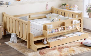 English Elm Twin Kids Platform Bed with Trundle Staircase Bookshelf and Rounded Safety Rails Light Natural W1580S00541