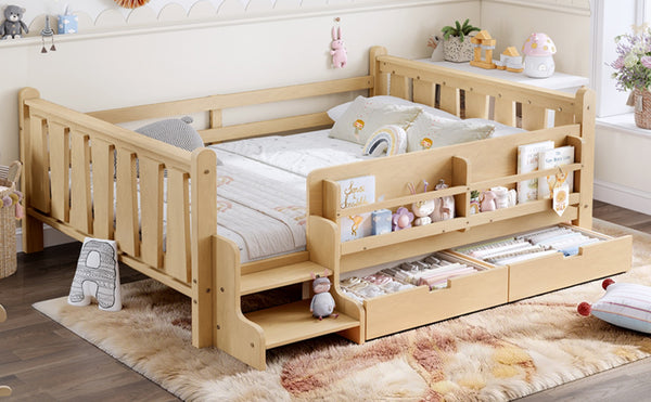 English Elm Twin Kids Platform Bed with Trundle Staircase Bookshelf and Rounded Safety Rails Light Natural W1580S00541