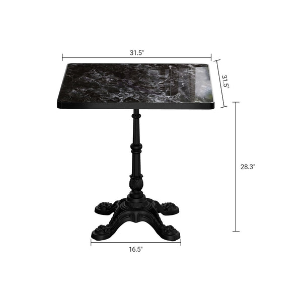 English Elm Marble-look Sintered Stone Square Bistro Table with Heavy Cast Iron Pedestal Base Black W3316S00037