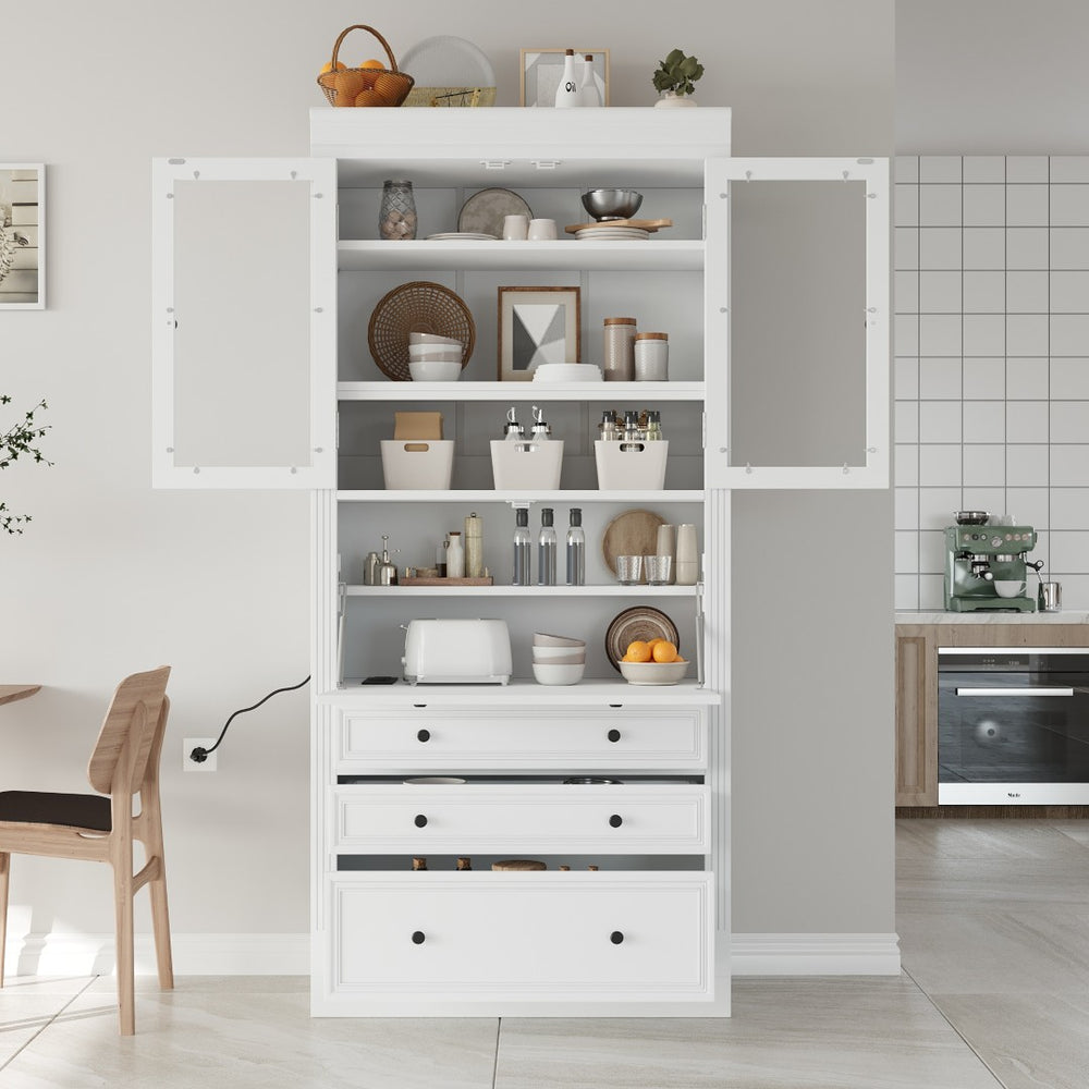 English Elm Topmax Shaker Pantry Cabinet with Drawers Power Outlet and Glass Doors SP000094AAK
