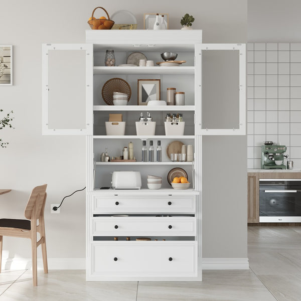 English Elm Topmax Shaker Pantry Cabinet with Drawers Power Outlet and Glass Doors SP000094AAK