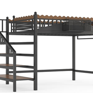 English Elm Full Size Metal Loft Bed with Stair Storage Shelves Bookshelf for Dorms Bedroom W1580S00378