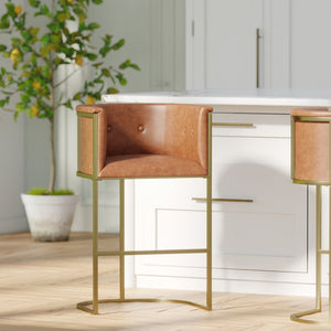 English Elm 26" Counter Stool Tufted Faux Leather Seat with Brass Metal Base for Kitchen Islands Brown Pu B2751P436481