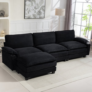 English Elm Modern Black Corduroy L-shaped Sectional with Ottoman for Spacious Living Rooms W2715P382263