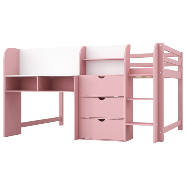 English Elm Full Size Low Loft Bed With Desk, Storage, Bookcase & Fun Whiteboard For Kids - Pink Design N7090005005H