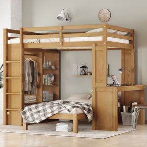 English Elm Full Solid Wood Loft Bed with Removable Lower Bed, Built-In Desk, Shelves & Wardrobe for Space-Saving Designs Natural W1580S00213
