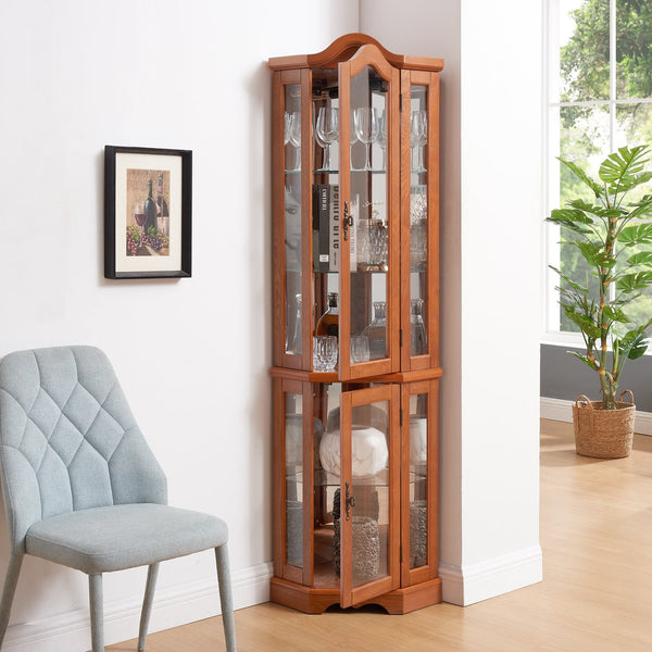 English Elm Lighted Corner Curio Cabinet With Adjustable Shelves & Tempered Glass - Elegant Oak Display Piece W1758P300132