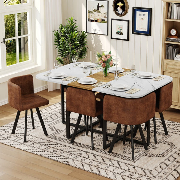 English Elm 7-piece Melamine Dining Set with Pu Cushioned Chairs and Iron Frame for Small Spaces W3875S00120