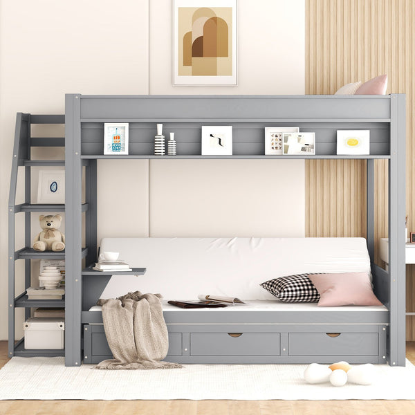 English Elm Wood Full Size Convertible Bunk Bed with Storage Staircase, Bedside Table and 3 Drawers, Gray - Space-Saving, Durable Design SM000335AAE