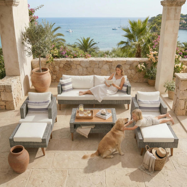 English Elm <old Old Sku Pe Wicker Six Piece Patio Conversation Set Acacia Wood Cushioned Outdoor Sofa Gray+Beige N704G201219A