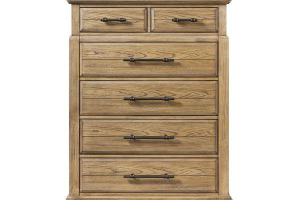 English Elm 6-Drawer Chest Caramel Finish with Elm Veneer, Industrial Metal Pulls, Framed Fronts & Tapered Feet B2699P353073