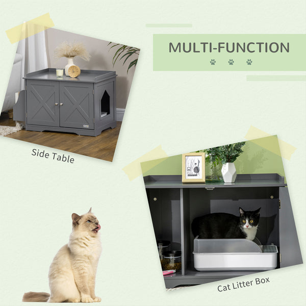 English Elm PawHut Farmhouse Hidden Cat Litter Box End Table with Magnetic Doors, Wide Storage & Side Shelf Grey W2225P229313