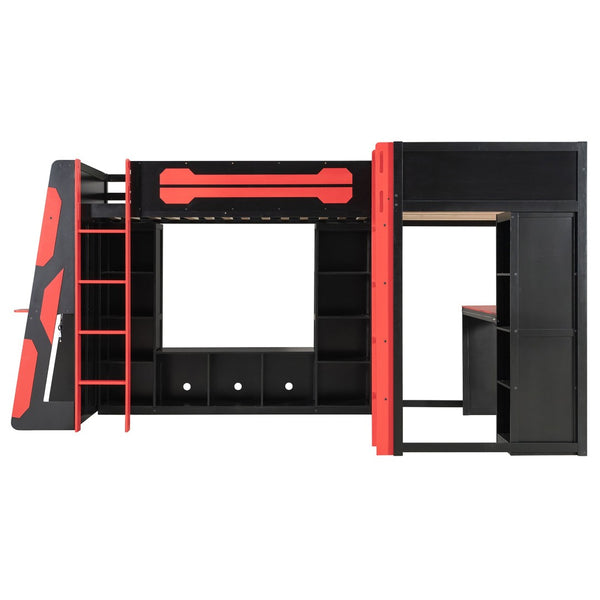 English Elm L-shaped Gaming Loft Bunk Bed Twin Wood Frame Rgb Lighting Usb Ports Storage Shelves Red LT000295AAR