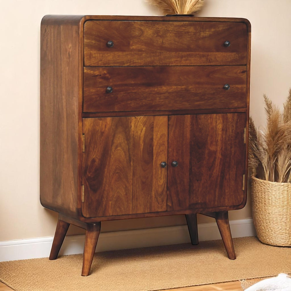 English Elm Solid Solid Mango Wood Curved Nordic Cabinet with 2 Drawers 2 Shelves Brass Knobs Chestnut Finish 34" B182P284354