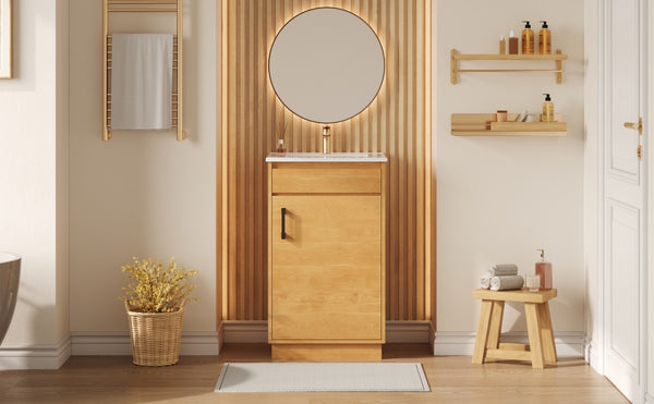 English Elm 20-inch Farmhouse Bathroom Vanity with Ceramic Sink, Freestanding Single Cabinet, Soft-Close Door, Adjustable Shelf, Natural Wood-Grain Finish N710P334910P