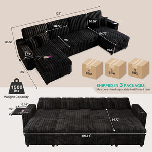 English Elm U Shaped Corduroy Sleeper Sectional with Storage Chaise and Pull Out Bed for Living Room W1825P357560