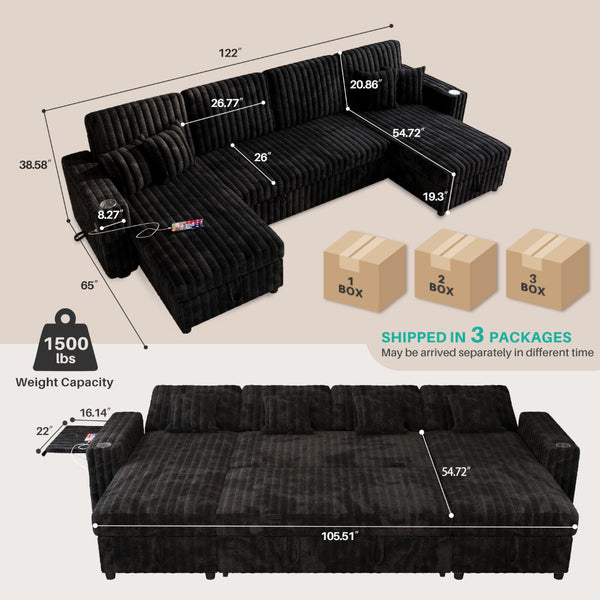 English Elm U Shaped Corduroy Sleeper Sectional with Storage Chaise and Pull Out Bed for Living Room W1825P357560