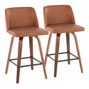 English Elm Toriano 26" Mid-Century Modern Swivel Counter Stool Set Of 2 In Walnut & Camel Faux Leather Comfort B202S00446-GIGA