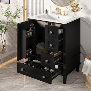 English Elm 24-inch Matte Bathroom Vanity Rubberwood Cabinet with Ceramic Sink and Soft-close Drawers Black N729P377516B
