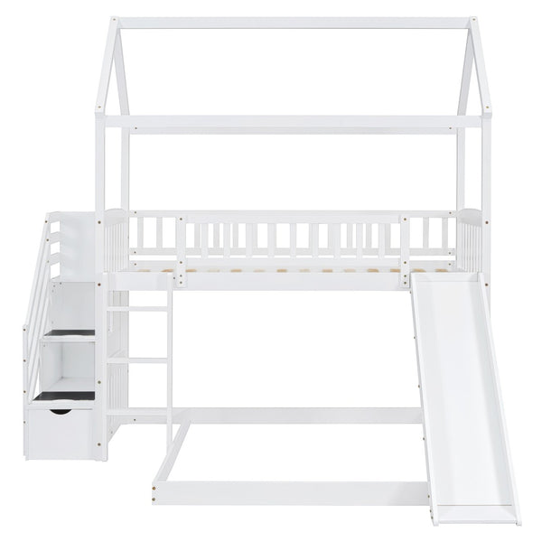 English Elm Twin Over Full Bunk Bed Playhouse Frame with Slide Staircase and Storage Drawers LT100129AAK