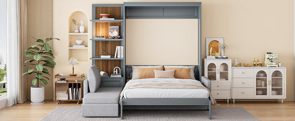English Elm Queen Wall Bed with Linen Sofa and Open Shelving for Studio or Guest Room LP000592AAE-2
