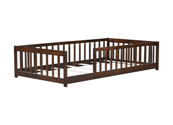 English Elm Twin Solid Rubberwood Floor Bed with Full Perimeter Safety Rails for Toddler Rooms Espresso W504P296797