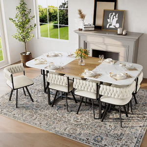 English Elm 9-piece Square Dining Set Velvet Upholstered Chairs Two-tone Tabletop Seats 8 Beige,White,Wood W3875S00149