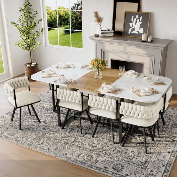 English Elm 9-piece Square Dining Set Velvet Upholstered Chairs Two-tone Tabletop Seats 8 Beige,White,Wood W3875S00149