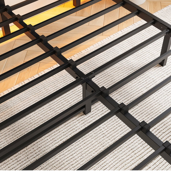 English Elm Full Metal Bed Frame with Wooden Headboard, USB Charging, RGB App Lighting, Large Under-Bed Storage Black W840P209906