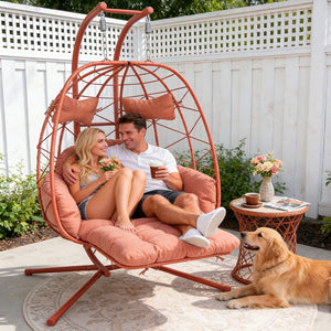 English Elm 2 Person Wicker Hanging Egg Chair with Stand Padded Swing for Patio Garden T5880P500222