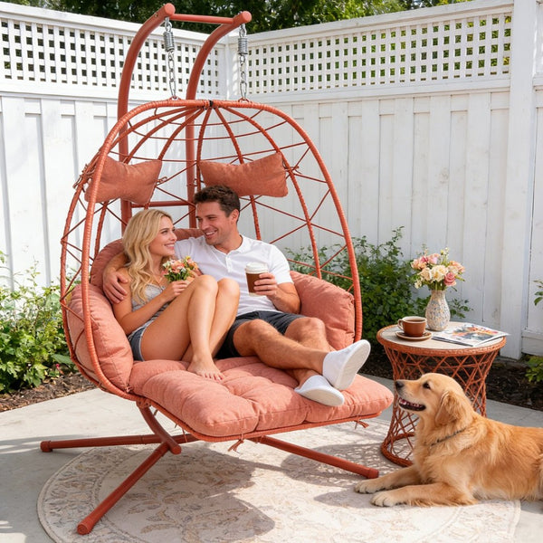 English Elm 2 Person Wicker Hanging Egg Chair with Stand Padded Swing for Patio Garden T5880P500222