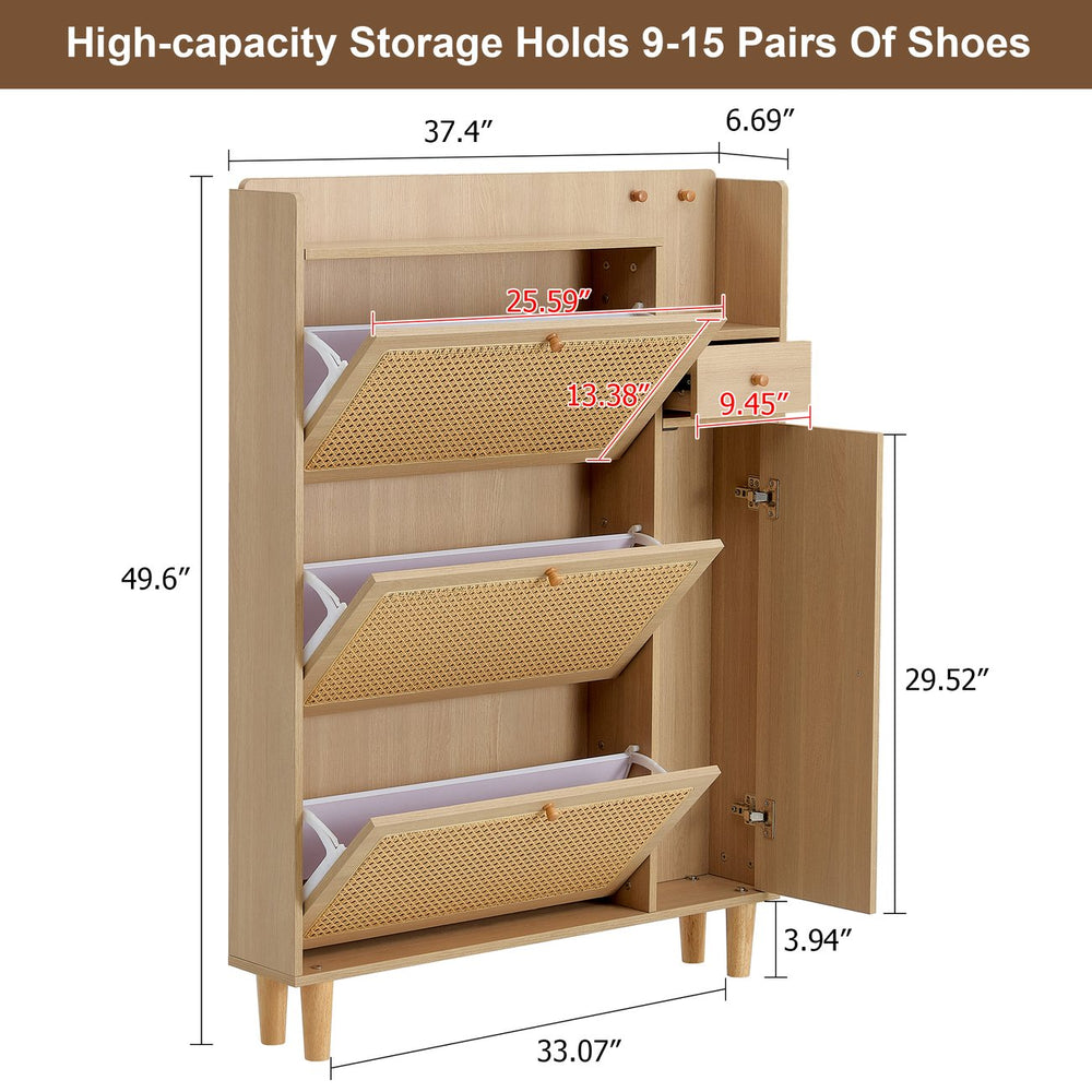English Elm Modern minimalist wood rattan shoe cabinet with vine design – compact MDF storage for halls, living rooms W1512P360384