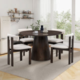 English Elm (1 Table With 4 Chairs)Wooden Dining Table Set, Modern Round Mdf Kitchen Table and Boucle Upholstered Dining Chairs For Dining Room, Kitchen, Saving Space, Dark Brown