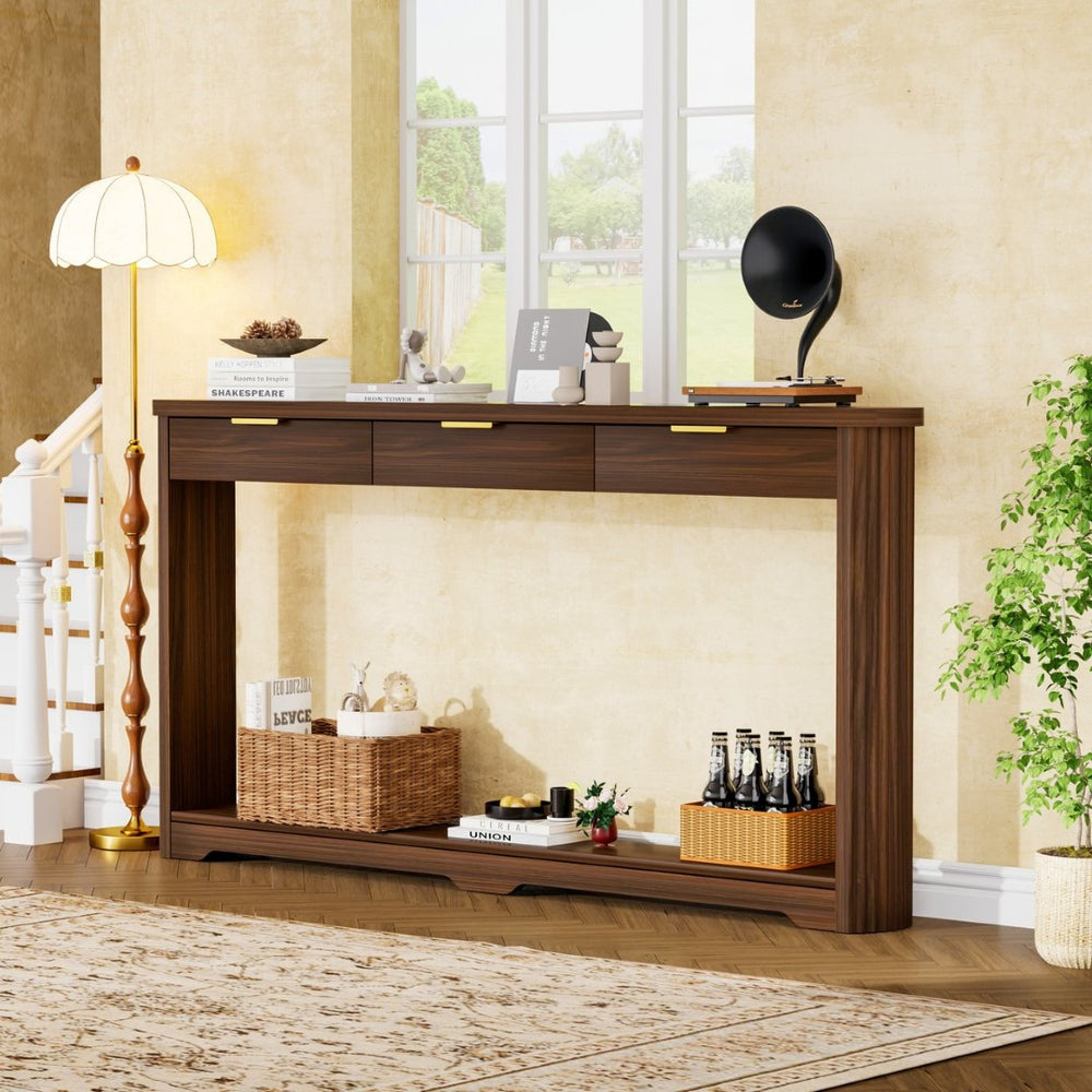 English Elm 70.1" Wavy Apron Console Table with Three Drawers Slim Entryway Hallway Mdf Sofa Walnut W1162P452554