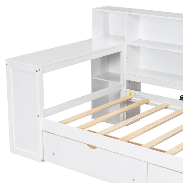 English Elm Wood Twin Size Platform Bed With Drawers, Charging Station, Led Light, Desk, & Upholstered Headboard N7090001046K-GIGA